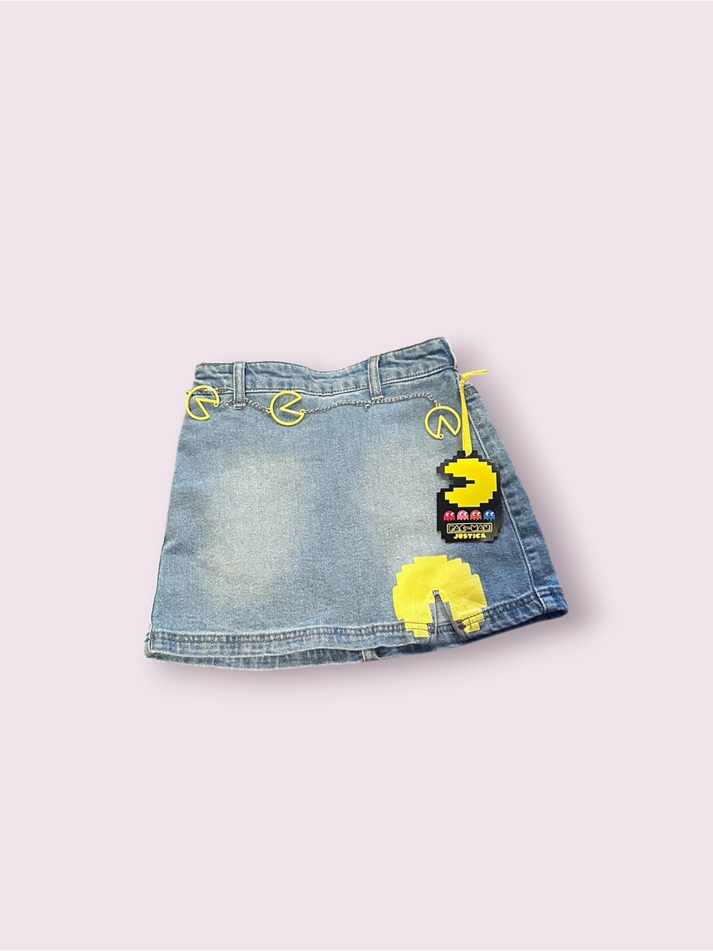 Girls Justice Pac-Man Patch Denim Mini Skirt With Belt **Broken Size Small 7/8